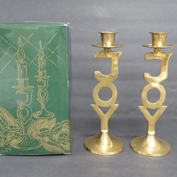 1995 Solid Brass International Silver Co Joy Christmas Candle Set Holiday - Picture 1 of 10